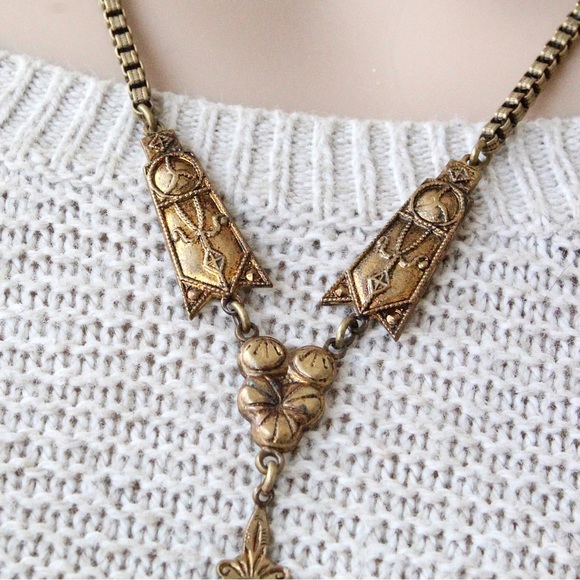 Vintage Porcelain Lovers Courting Scene Pendant Necklace Brass Lariat Y Shape - Picture 3 of 4